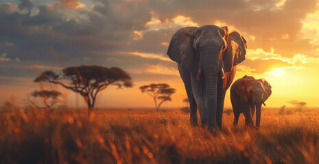 An elephant family is walking through the savannah at dusk, with tall grass and acacia trees in the...