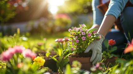 A woman was planting flowers in her garden on a sunny day. In close up, her hands wearing gardening...