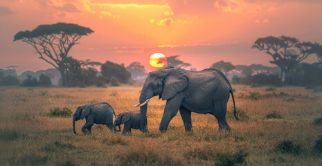 A group of elephants walking through the savannah at dusk, with one elephant carrying its calf on...