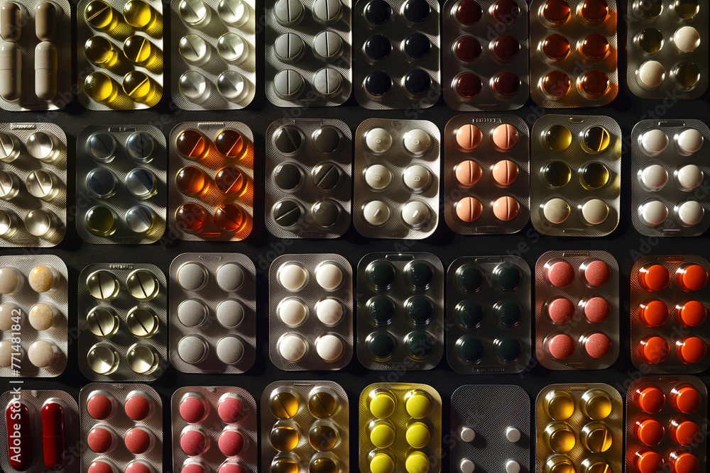 Poster a row of pills in different colors and shapes. the pills are in a plastic container