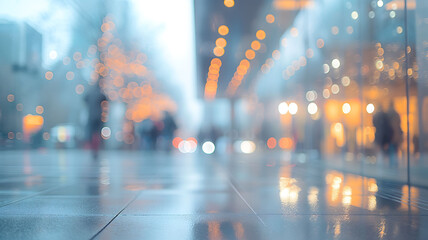 City Lights on Rainy Evening: Reflective Urban Street Scene
