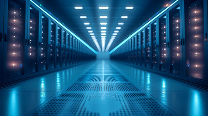 High-Tech Data Center: Symmetry of Server Racks in a Cool Blue Light