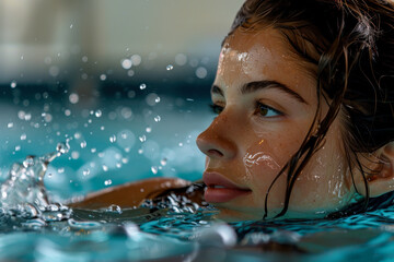 Obraz premium Youthful Face Partially Submerged in Pool.