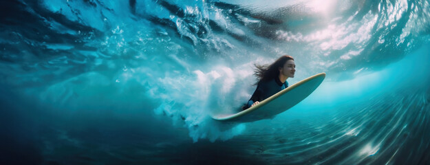 Slicing Through Ocean Waves: A Surfer's Underwater Adventure. Captured from beneath, this image highlights the skilled woman in a vast, aquatic realm. - obrazy, fototapety, plakaty