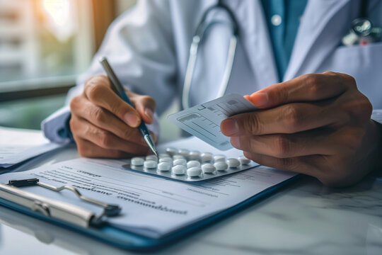 A doctor is writing on a prescription pad while holding a bottle of pills. Concept of professionalism and responsibility