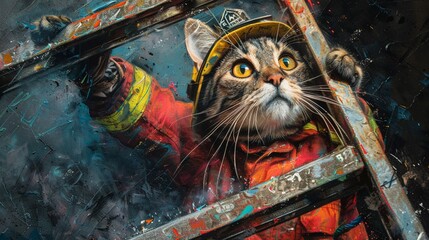 Brave cat firefighter with a ladder soft pastel watercolor heroic expression