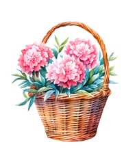 Fototapeta na wymiar Wicker basket with bouquet of pink carnations isolated on white background, watercolor illustration.