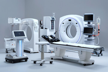 A hospital room with a large MRI machine. The room is bright and clean, with a modern design. The machine is the main focus of the room, and it is surrounded by medical equipment and furniture