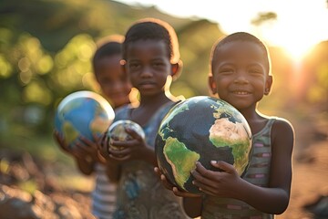 Children holding earth globe - obrazy, fototapety, plakaty