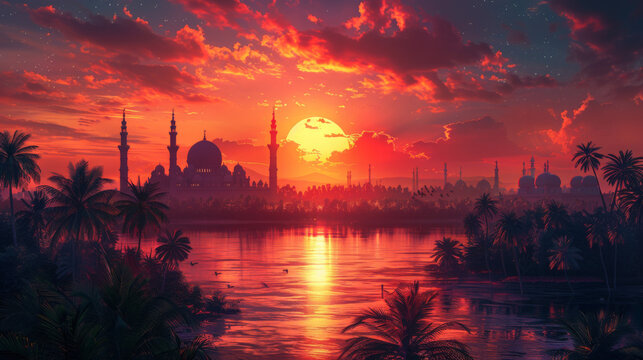 beautiful mosque and sunset over the lake