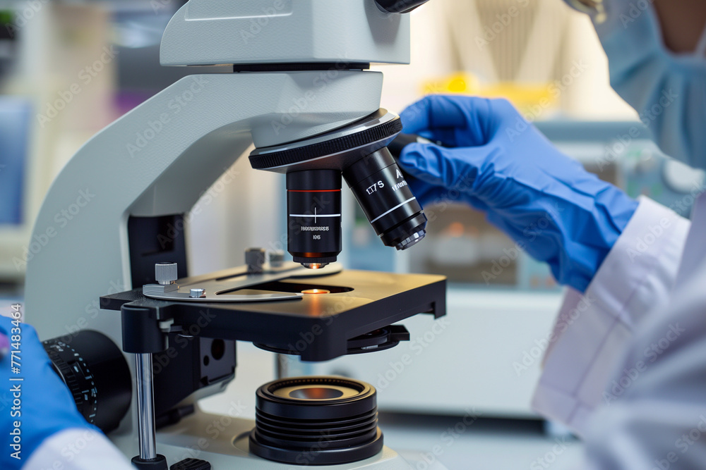 Poster a scientist is using a microscope to examine a sample. concept of curiosity and scientific explorati