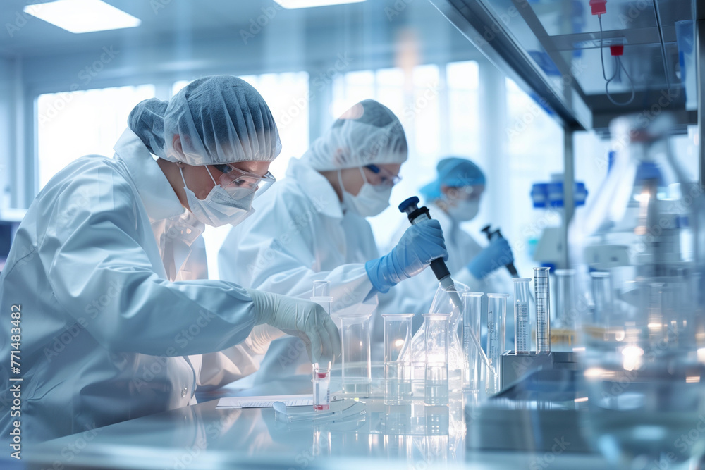 Poster a group of scientists in white lab coats are working in a lab. they are wearing masks and gloves and