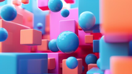 3D rendering of blue spheres floating in a colorful background of pink, blue, and orange cubes.