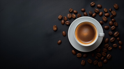 Obraz na płótnie Canvas Cup of coffee with beans, dark background for a website