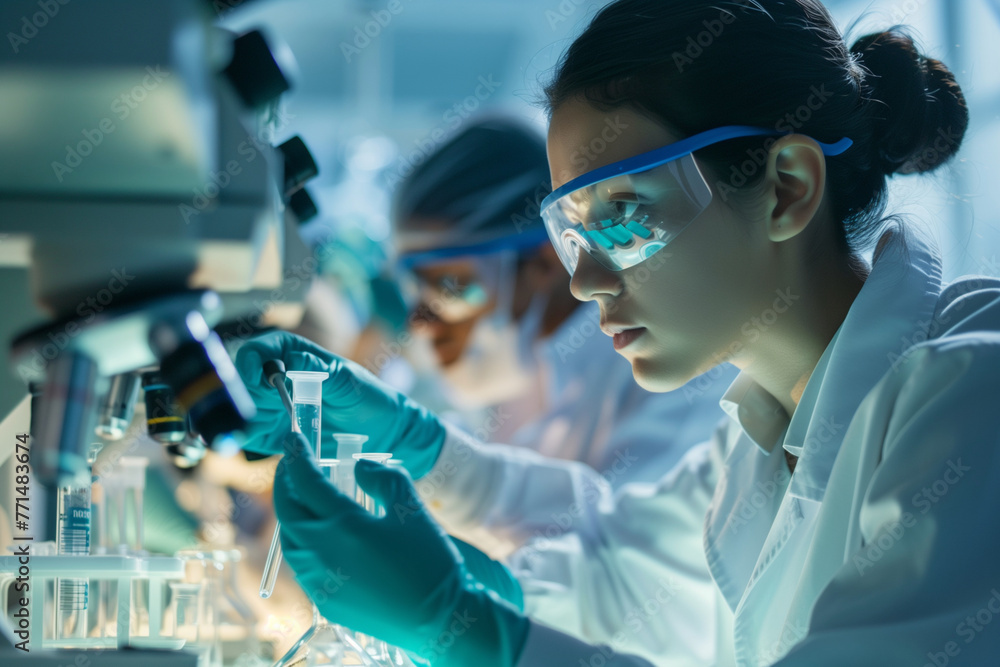 Poster a group of scientists in white lab coats are working in a lab. they are wearing masks and gloves and