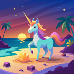 Transport yourself to a tranquil beach at sunset, where a magnificent 3D unicorn with a horn aglow in the fading light frolics along the shoreline, leaving behind sparkling footprints in the sand