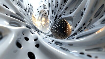 Black and white abstract 3D rendering illustration of an organic structure with a glowing light at the end of a tunnel.