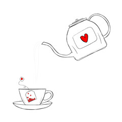 A vector illustration depicting a sketch of a kettle with a cup and a tea bag, adorned with red hearts, symbolizing love, warmth, and coziness for Valentine's Day