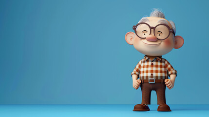 This is a 3D rendering of a cartoon grandpa. He is wearing a plaid shirt and brown pants.