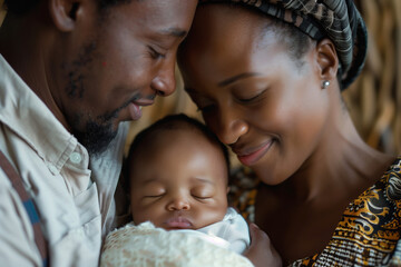 African man and woman are holding a baby. The baby is wrapped in a blanket. Scene is warm and loving.
