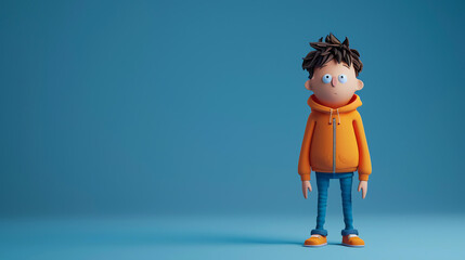 3D rendering of a cute cartoon boy with brown hair and blue eyes. He is wearing an orange hoodie...