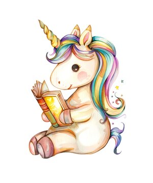 Watercolor cartoon illustration of a cute unicorn reading book isolated on white background.