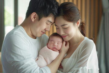 Fototapeta premium Asian couple is holding a baby in a white blanket. The baby is sleeping and the parents are smiling