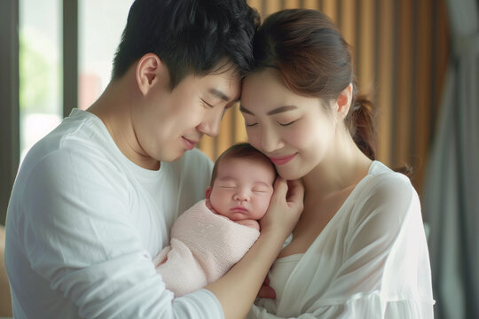 Asian couple is holding a baby in a white blanket. The baby is sleeping and the parents are smiling