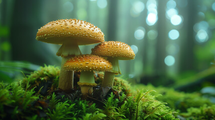 Mushrooms in forest, uncultivated, growth, autumn, fly agaric mushroom - obrazy, fototapety, plakaty