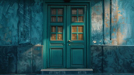 Teal Wooden Door with Framed Glass.