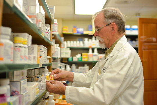 A man in a white lab coat is standing behind a counter in a pharmacy. He is looking at a computer screen and he is working. The pharmacy is filled with various medications and bottles