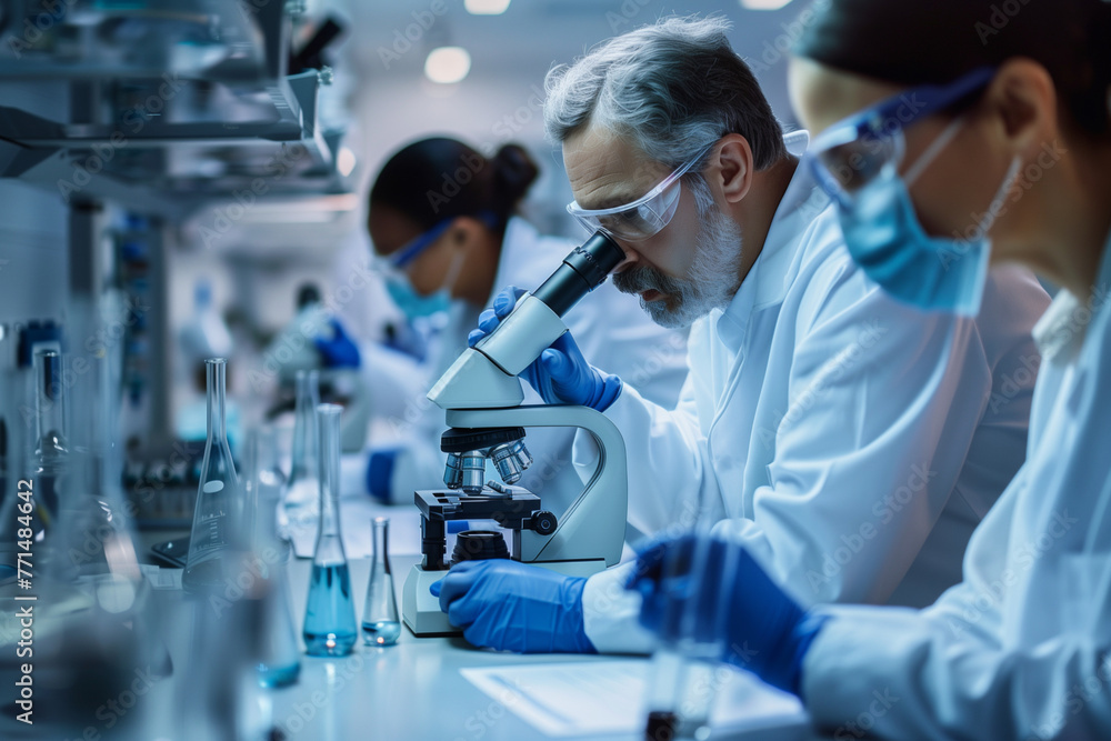 Poster scientists are working together in a lab, one of them is looking through a microscope. the lab is fi