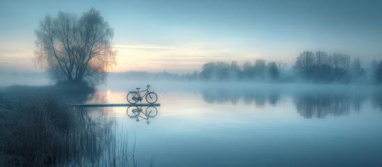 Long distance shot of riding a bicycle on a plank walking along the lake
