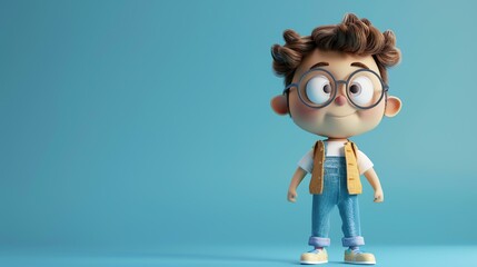 Little boy with glasses and brown hair wearing a blue vest and jeans.