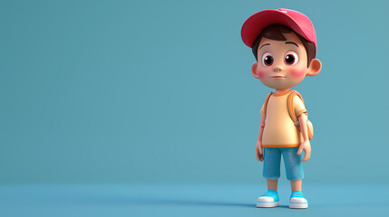 Little boy with red cap and backpack looking away. 3D rendering.