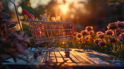 Shopping cart on laptop keyboard, in garden at sunset,copy space