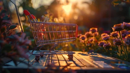 Fotobehang Shopping cart on laptop keyboard, in garden at sunset,copy space © 2D_Jungle
