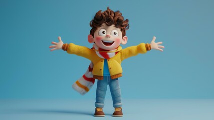 3D rendering of a cute cartoon boy wearing a yellow jacket, blue jeans, and a red and white striped...