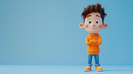 Cheerful 3D cartoon boy character with crossed arms. Isolated on blue background.