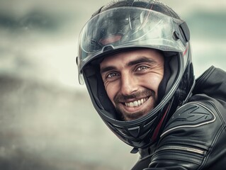 Close-up of a cheerful man wearing a motorcycle helmet, embodying joy and adventure.