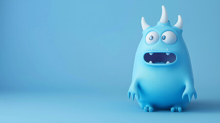 3D rendering of a cute and friendly blue monster with horns.