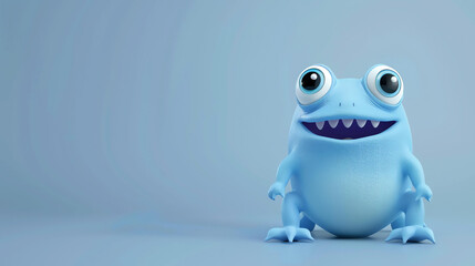 Cute blue cartoon monster smiling with big eyes and toothy grin. 3D rendering.