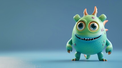Cute green cartoon monster with big eyes and a friendly smile.