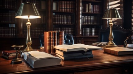 Timeless Elegance: Vintage Attorney's Office with Leatherbound Law Books, Mahogany Desk, and Warm Glow of Vintage Lamp
