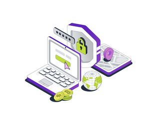 Laptop makes a Purchase.  A flying Shield and a Delivery Map with a placeholder. The concept of Safe Online Shopping. Secure Payment with Protection. Isometric vector illustration