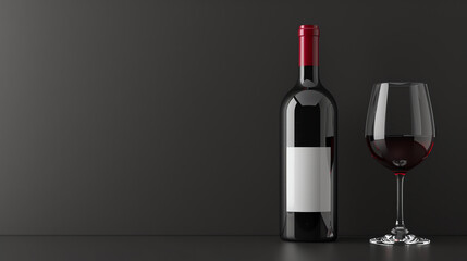 A bottle of red wine and a wine glass on a black background. The bottle has a blank label. The wine glass is half full of red wine.