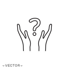 Hand holding question mark icon. Outline style, Why, who, doubt, uncertainty, curious, ask, curiosity, interrogation concept. thin line symbol isolated on white background, eps 10 vector illustration