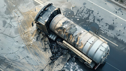 a truck involved in a car accident, wearing the signs of it on different car body parts 