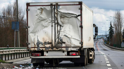 a truck involved in a car accident, wearing the signs of it on different car body parts 