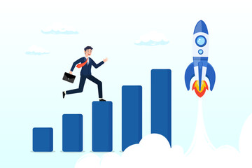 Businessman on growth chart launching rocket, boost rocket to business growing fast, investment growth, start or launch new business, innovation to boost success, rising up and improvement (Vector)